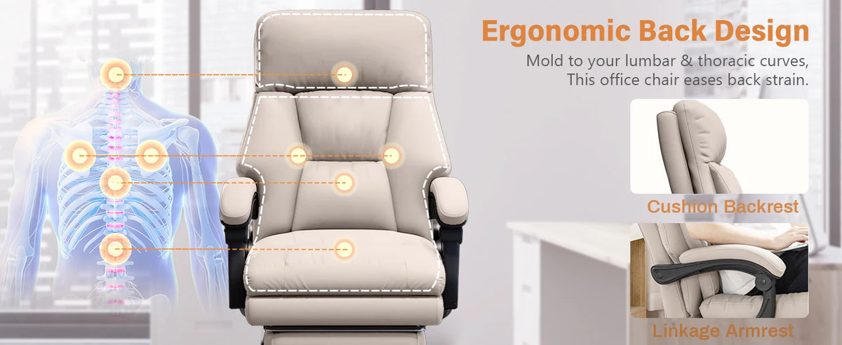 High-Back Ergonomic Office Chair, Swivel with Retractable Footrest, Multi-Position Adjustable Boss Chair