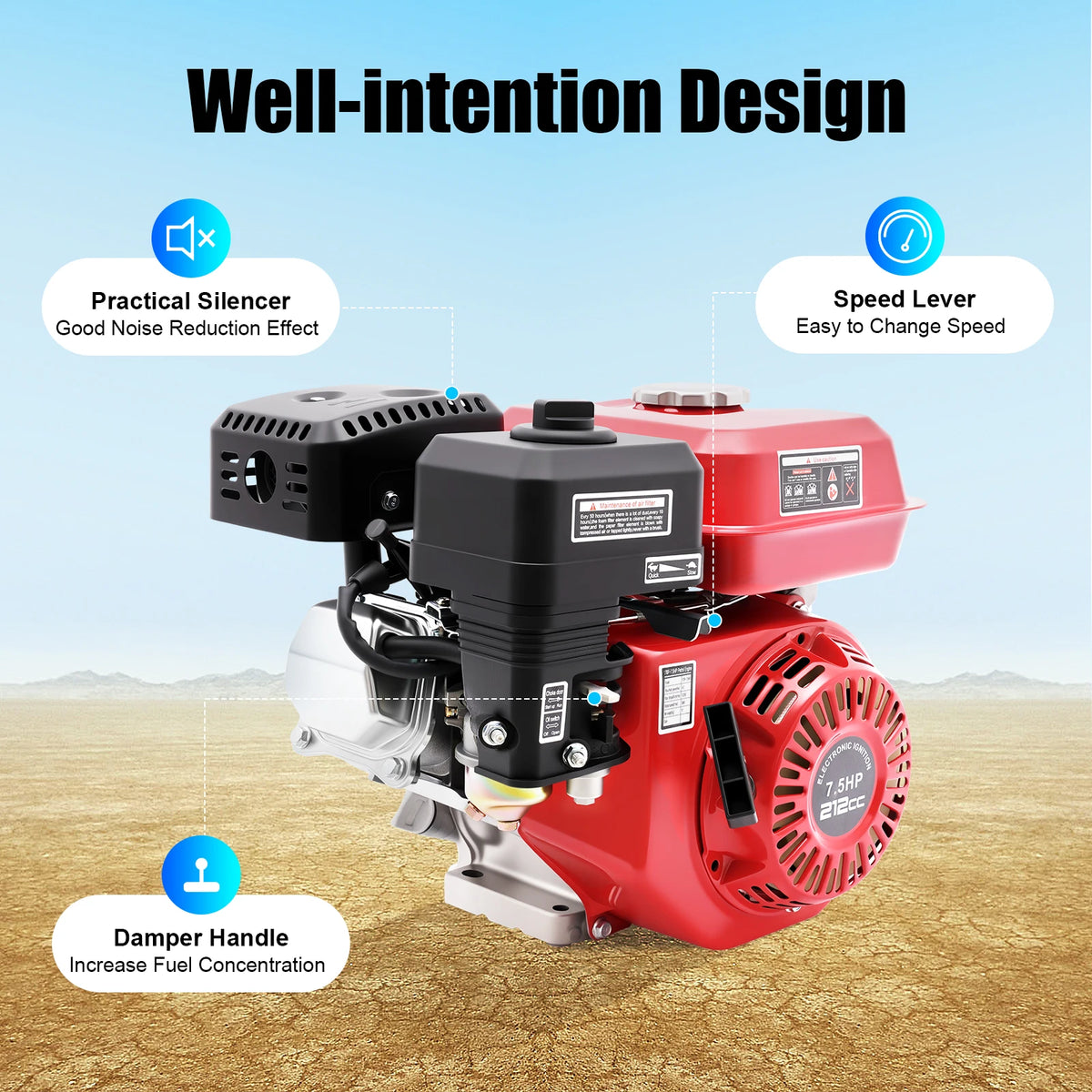 212cc 4,0kW 7,5hk luftkyld bensinmotor, 3600 varv/min snörnstart bensinmotor