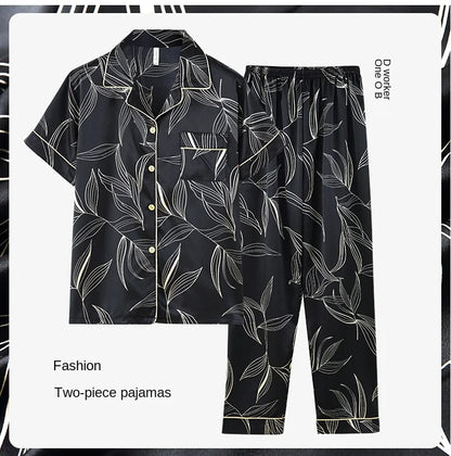 Fashion Summer Autumn 3 Piece Silk Men Pajamas Set Short Sleeve Shorts Oversize Homewear Lapel Collar Loungewear Pijamas for Man