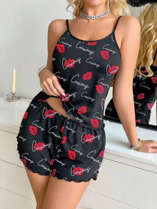 Dam Pyjamas Set – Cami-Linne & Shorts Röda Läpptryck, Sexig Sommar Loungewear
