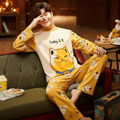 Herr Pyjamas Set Vår & Höst – Långärmad O-ringning & Rutiga Byxor Tunn, 5 Färger L–4XL