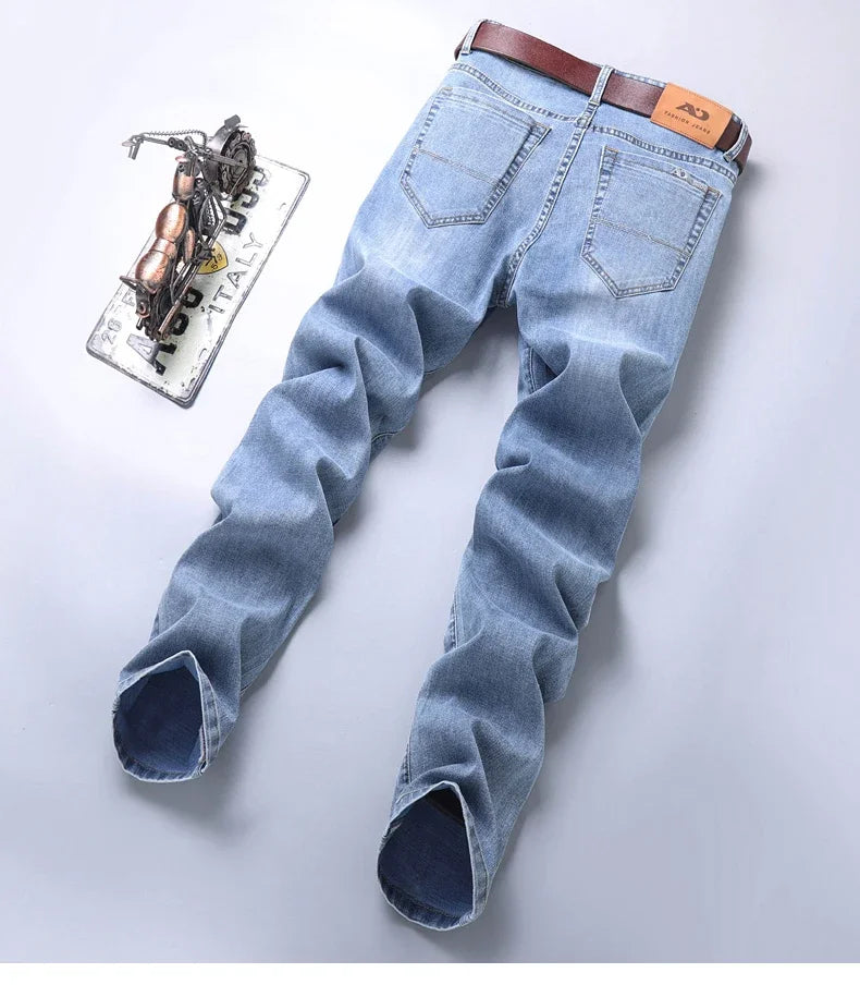 Spring and Summer Thin Men's Light Blue Slim Jeans Stylish Casual Stretch Fabric Denim Pants Classic Trousers Smoke Gray