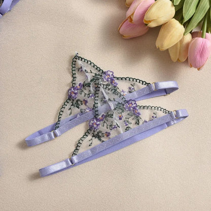Toucheart Erotic Lingerie Fancy Embroidery See-through Mesh Contrast Color Patchwork Gathertogether Women Delicate Underwear Set