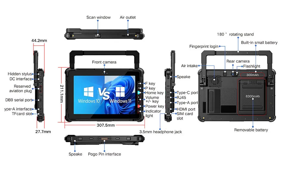 11-Inch Rugged Industrial Waterproof Laptop Intel i7-1255U CPU with Adjustable Stand for 1D/2D Scanner Windows OS IP67