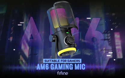 FIFINE USB Gaming Microphone with Noise Cancellation/RGB/Gain&Balance Knob,Condenser Mic for Streaming Podcasting-Ampligame AM6
