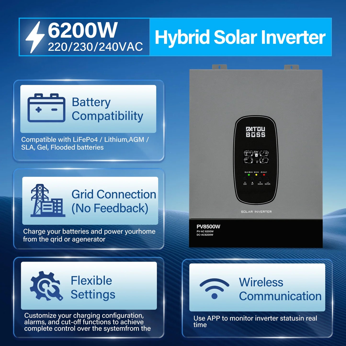 DATOUBOSS Solhybridinverter Ren Sinusvåg – 1,8kW 12V / 3kW 24V / 6,2kW 48V till 220V, Parallellanslutning, EU-lager Polen