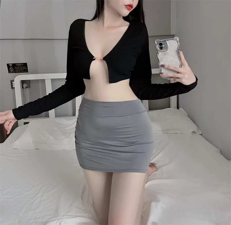 Sexy Thin Skinny Mini Skirt Without Lining Solid Color Low-rise See-through Hip Lifting Short Skirt Women Clubwear