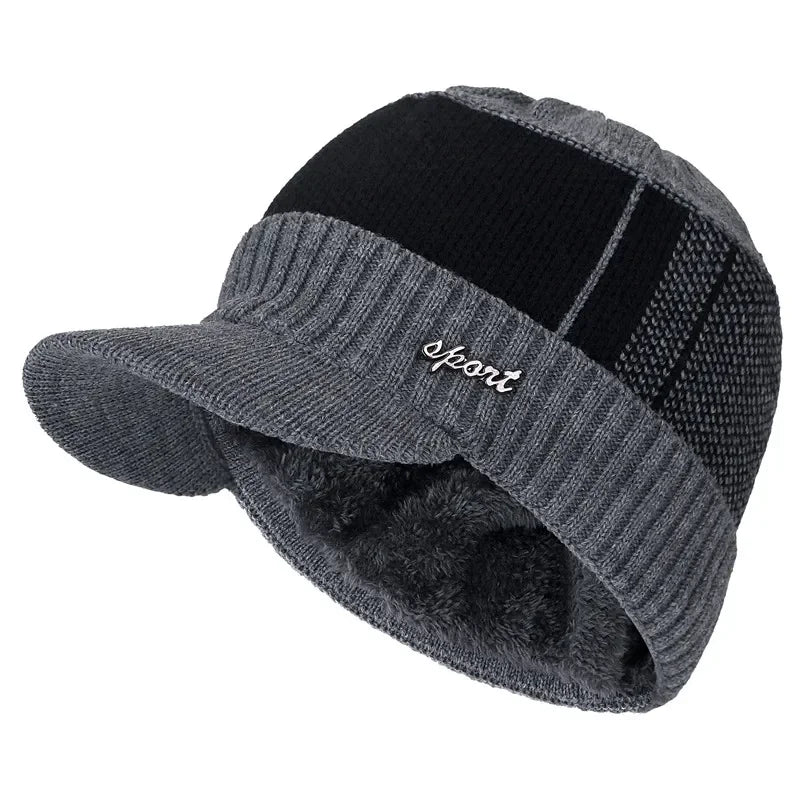 Hot Sale Unisex Warm Winter Hat With Brim Plush Fur Lined Knit Cap Sports Label Thicken Winter Hats For Men