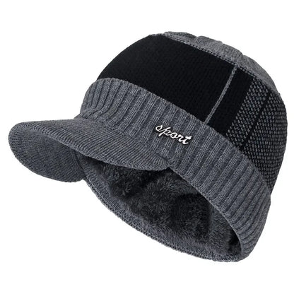 Hot Sale Unisex Warm Winter Hat With Brim Plush Fur Lined Knit Cap Sports Label Thicken Winter Hats For Men