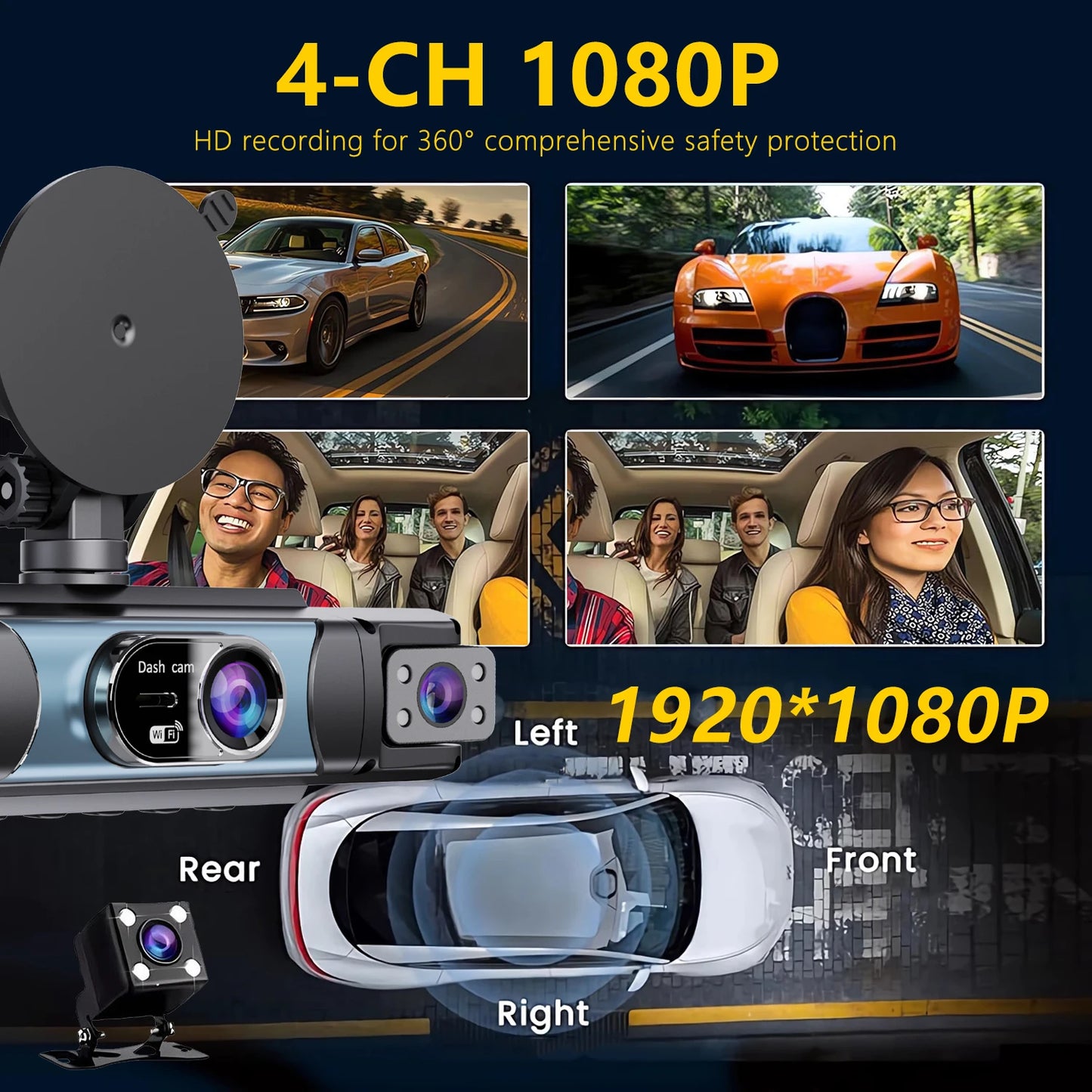 WIFI 4-Channel Car DVR Dash Cam With 4 Cameras Full HD 1080P Video Recorder Night Vision Black Box Cabin Camera 24H Parking