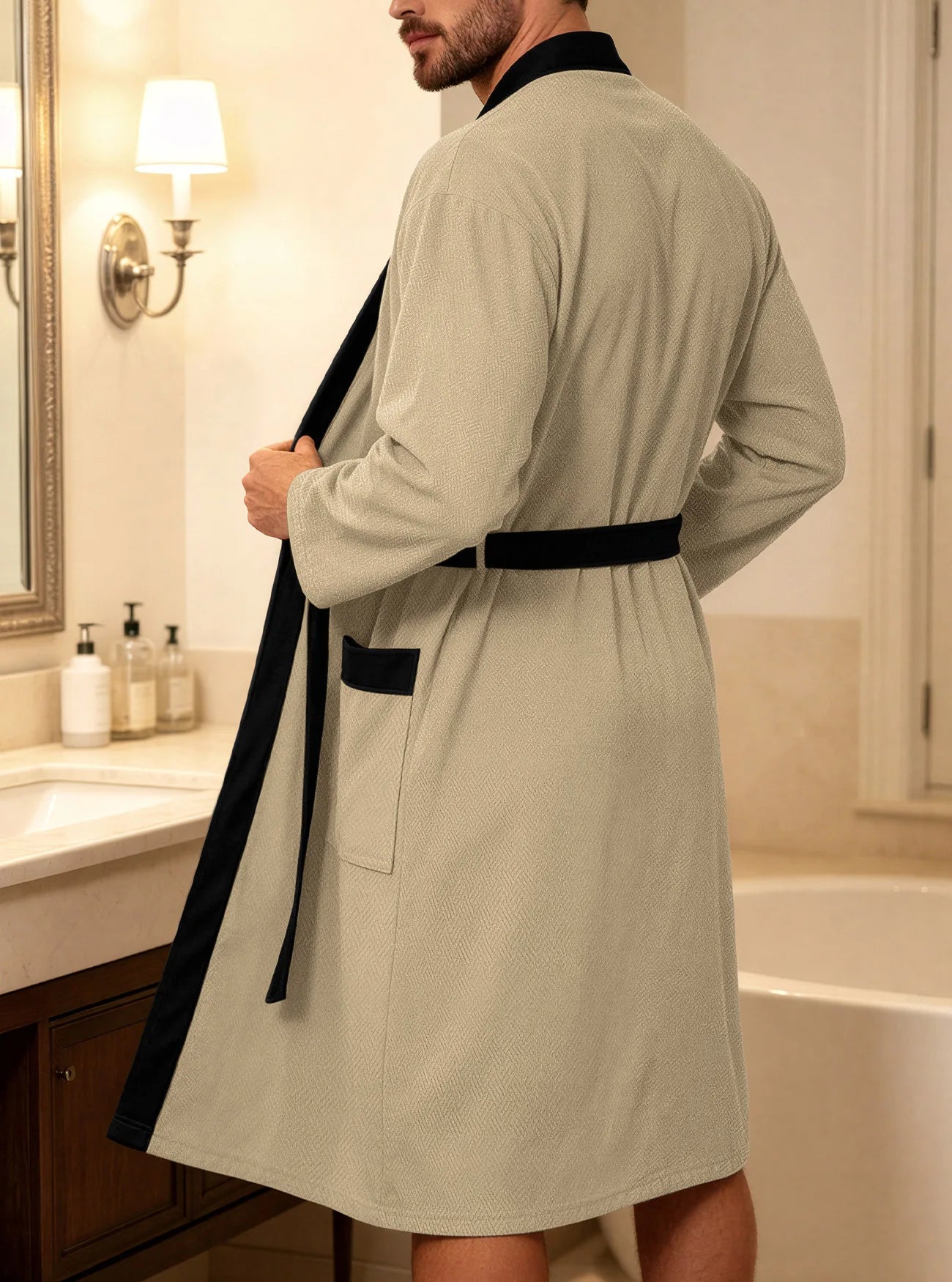 Men's Bathrobe Long Sleeves Kimono Style Spa Robe with Belt Pockets Soft Comfortable Sleepwear Loungewear for Home Hotel Use