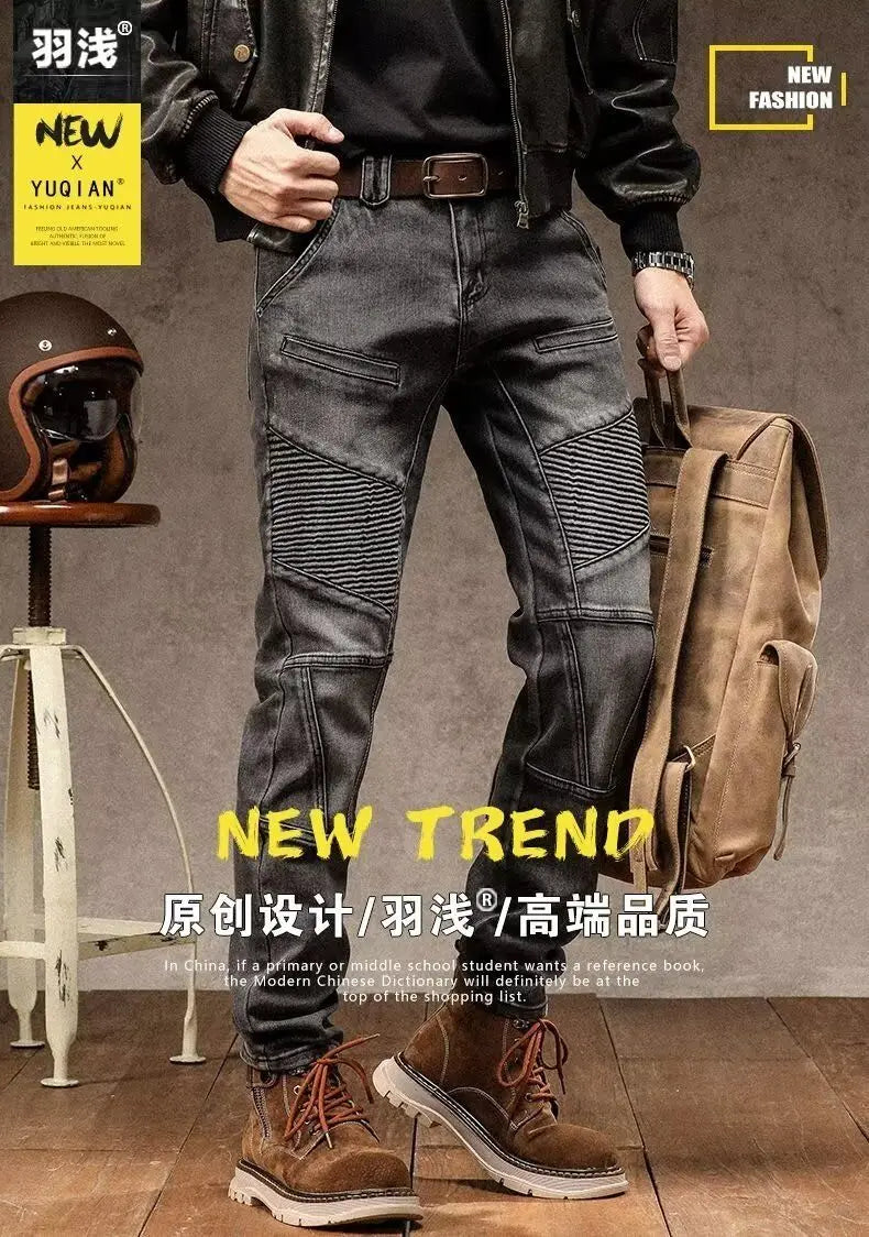 High Street Motorcycle Men's Brand Splice Pockmark Handsome 2025 Autumn Winter New Elastic Slim Fold Long Pants Casual Jeans