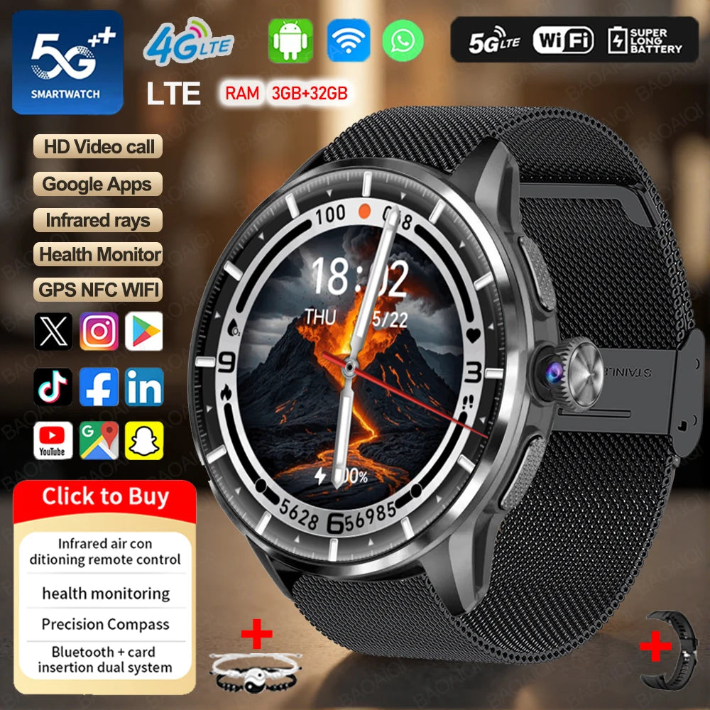 4G/3G Full Network Infrared Smart Watch 1.60 inch AMOLED Screen 800W Video Call  2100mAh Google Play WIFI GPS Compass Smartwatch