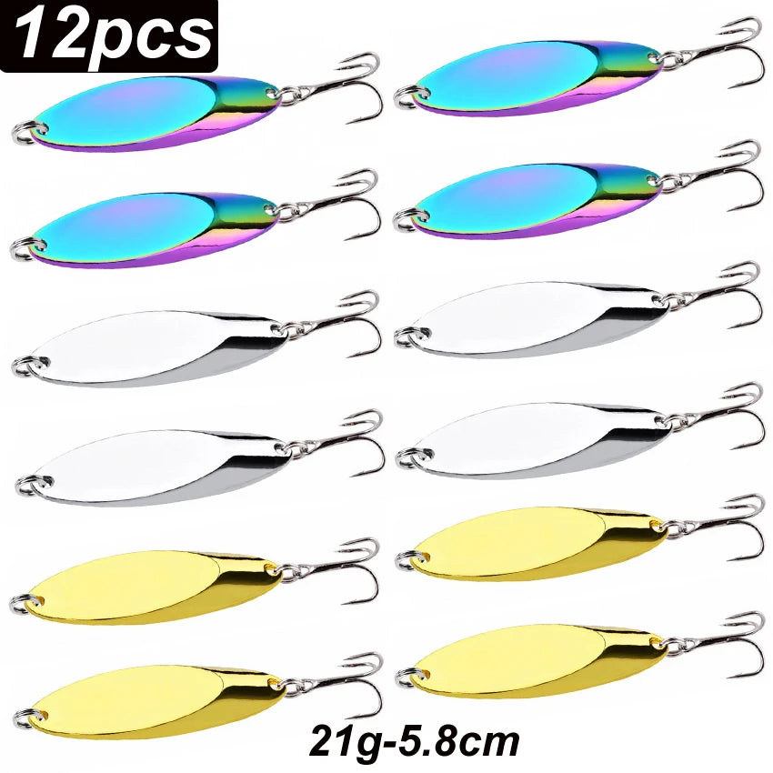12pcs Metal Spinner Spoon Lures Trout Fishing Lure Hard Bait Sequins Paillette Artificial Baits Spinnerbait Fish Tools 1.5g-56g