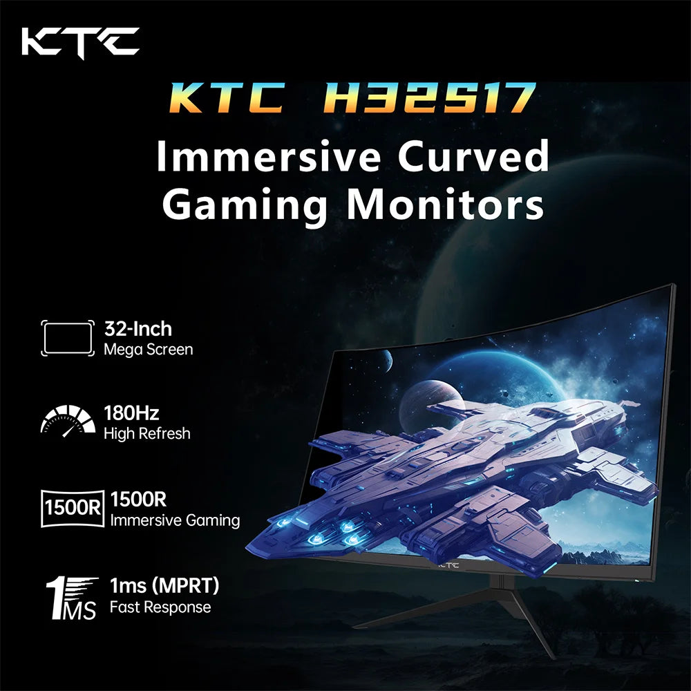 KTC H32S17 Kurvig Gaming Monitor 32" – HVA 1500R 2K QHD 180Hz 1ms HDR10 FreeSync G-Sync 99% sRGB VESA EU-lager