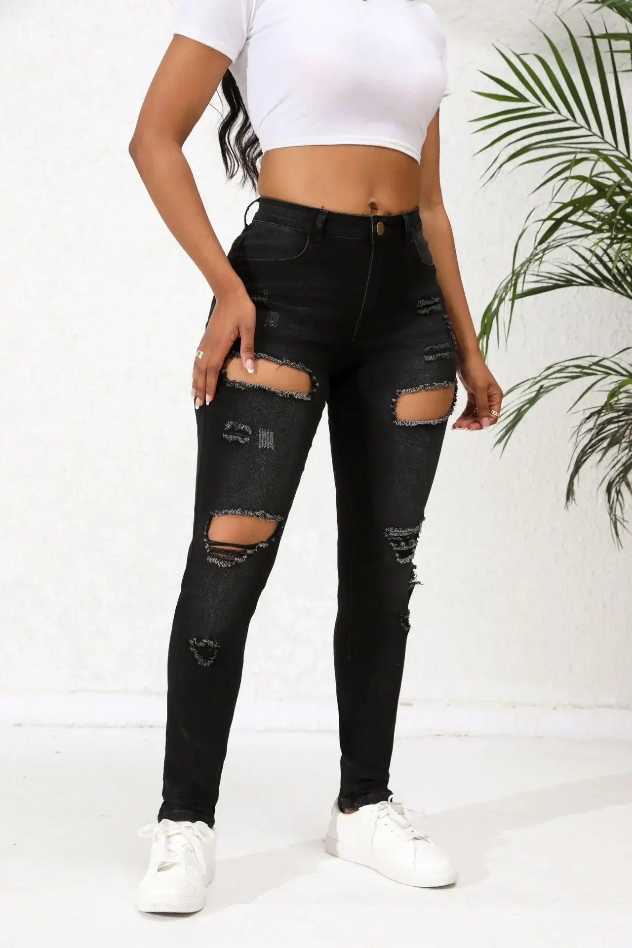 Women Jeans Denim Pockets Holes Pencil Pants High Waist Sexy Skinny Streetwear Solid Ankle Length Spliced Distressed Washing