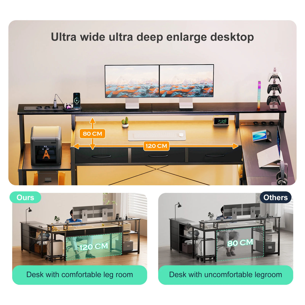 L-Shaped Desk with Led Lighting, Built-In Power Outlet-Usb Port, Monitor Shelf, Many Drawers, Black-White Selectable, Reversible Gaming Home Desk