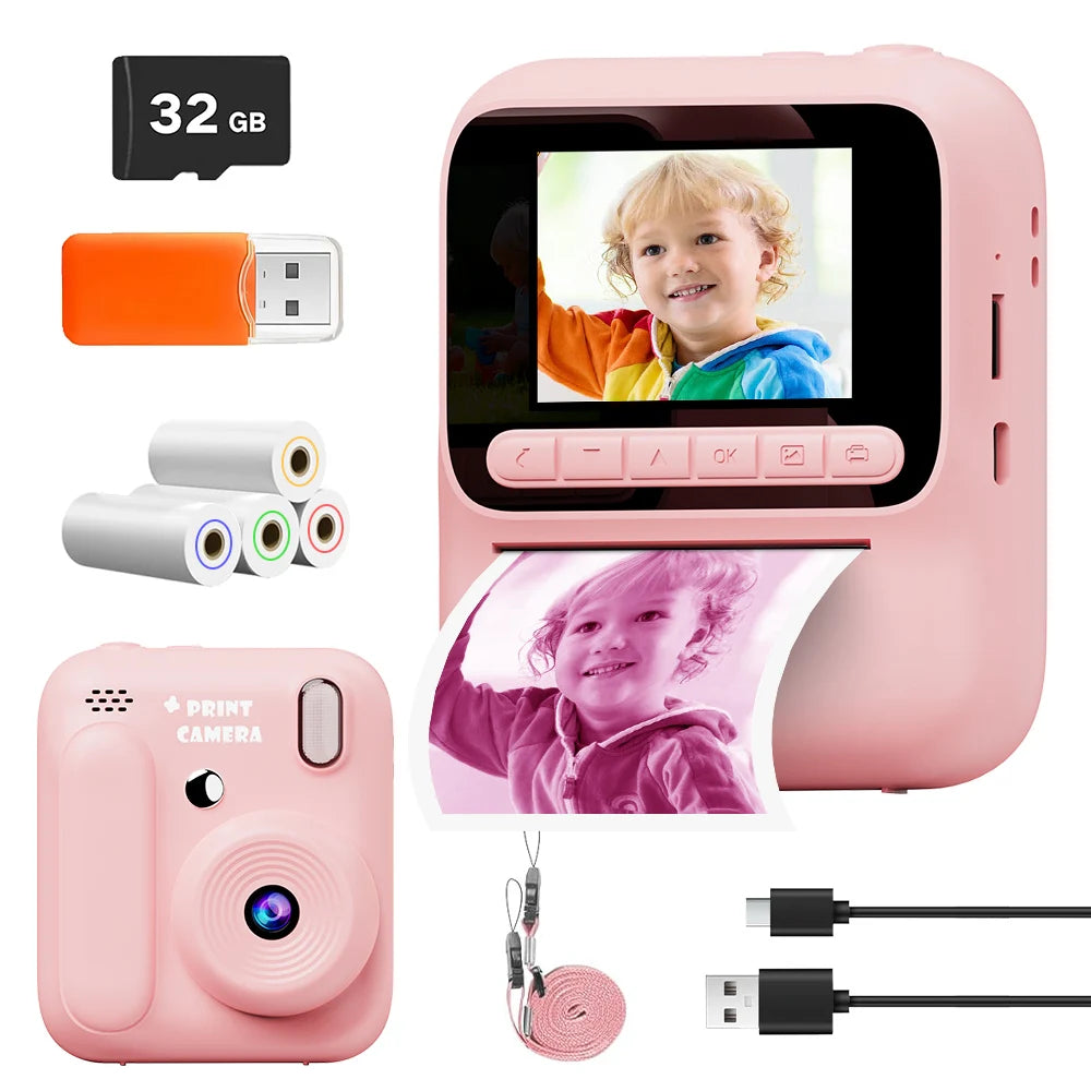 New Kids Instant Digital Camera 2.4 Inch IPS Screen 8X Zoom Mini Single Color Print Camera For Kids 3-12 Years Birthday Gifts