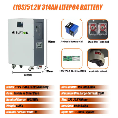 NIELFTOR LiFePO4 Energilagringsbatteri 51,2V – 10/16/32/45kWh, BMS 16S 300A, WiFi+Bluetooth+CAN/RS485+LCD, Hjul, 10års Garanti, Off-Grid/Sol/Husbil, EU-lager (Polen)