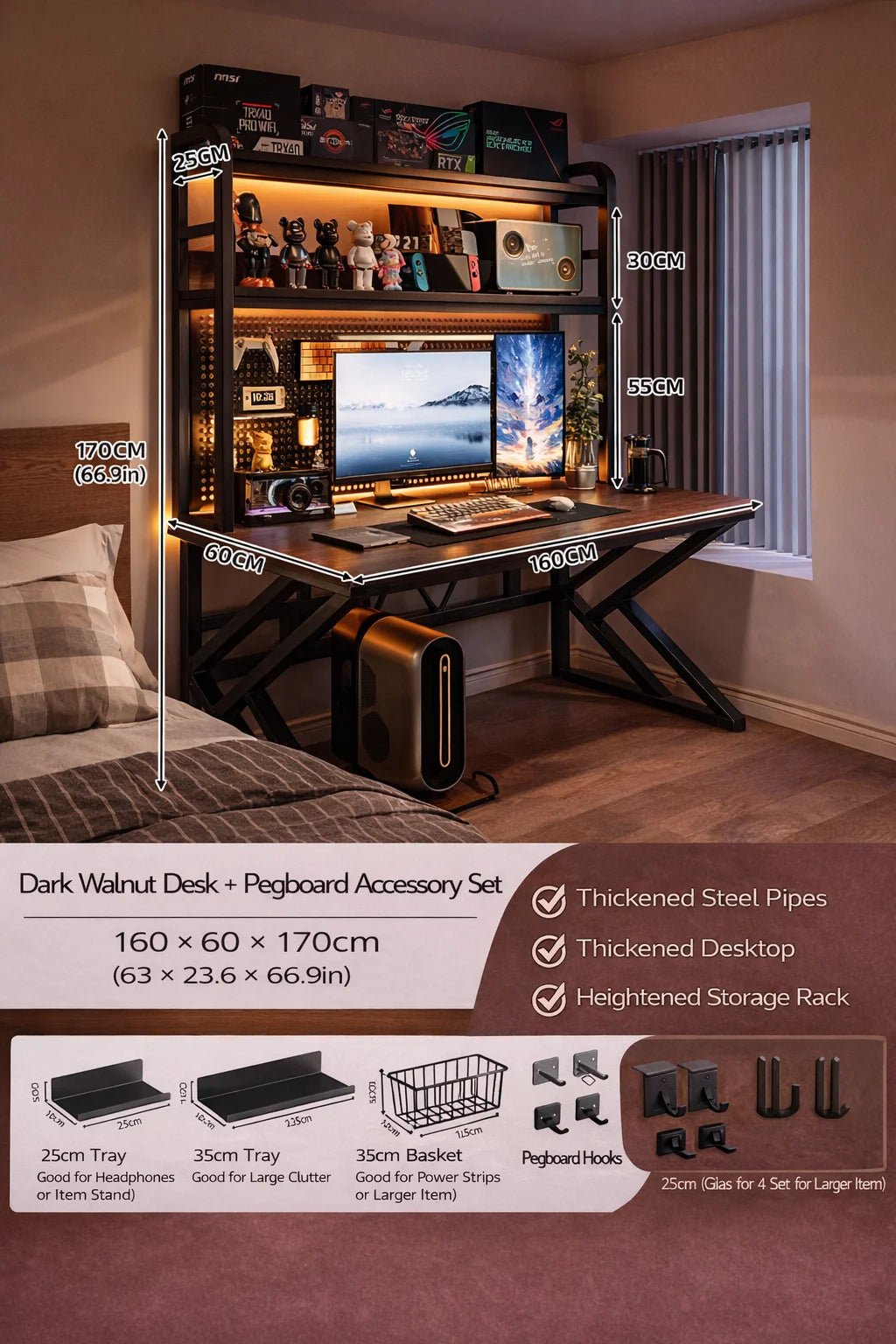 Gaming Desk with Bookshelf and Pegboard Computer Desk with Storage Shelf Home Office Study Desk for Bedroom Small Space