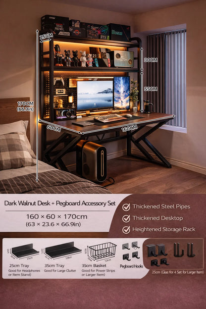 Gaming Desk with Bookshelf and Pegboard Computer Desk with Storage Shelf Home Office Study Desk for Bedroom Small Space