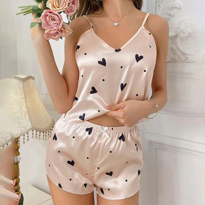 Pyjamasset dam med satinkänsla och hjärttryck – linne och shorts, S–XL