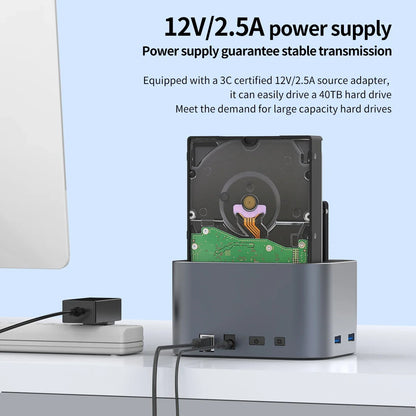 GODO USB 3.0 Dubbel Fack Typ C Hårddiskdocka för 2.5/3.5 tums SATA-enheter