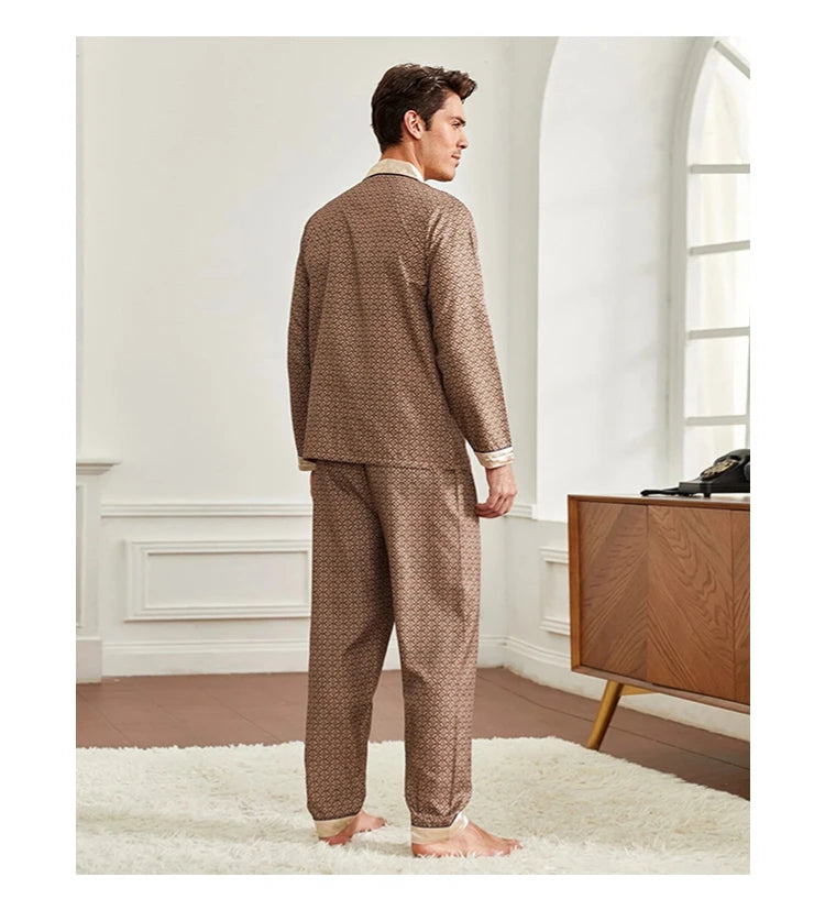 Mens Stain Silk Pajama Sets Pajamas Men Sleepwear Printed Silk Nightgown Home Male Satin Soft Cozy Sleeping Pajamas