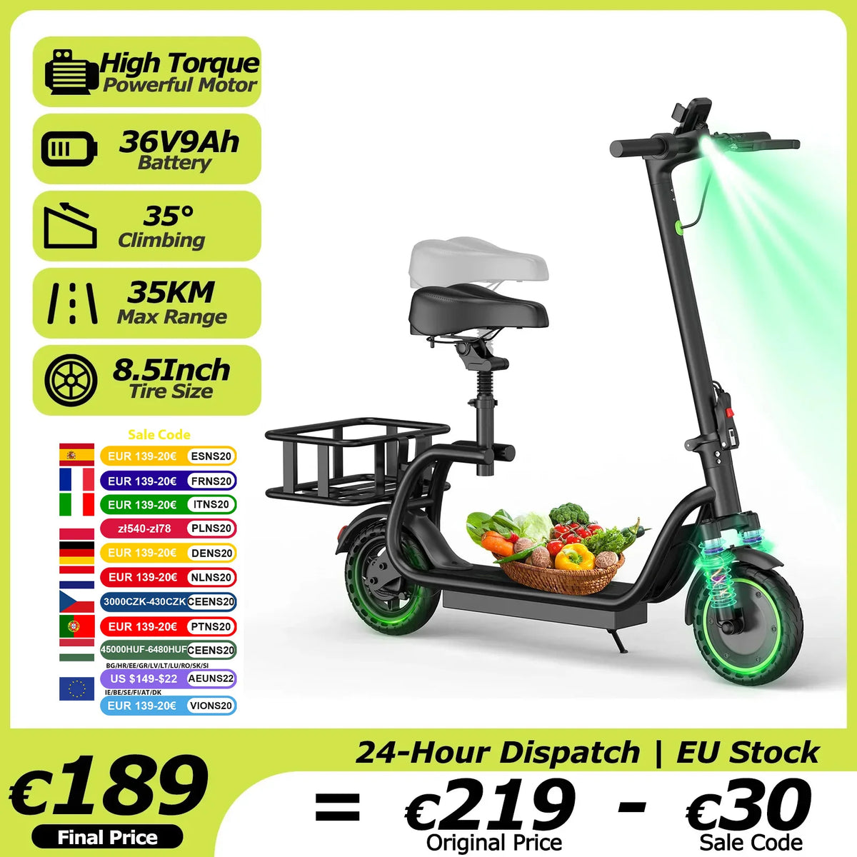 AOVOPRO S2/S2Pro hopfällbar elscooter med sits och korg