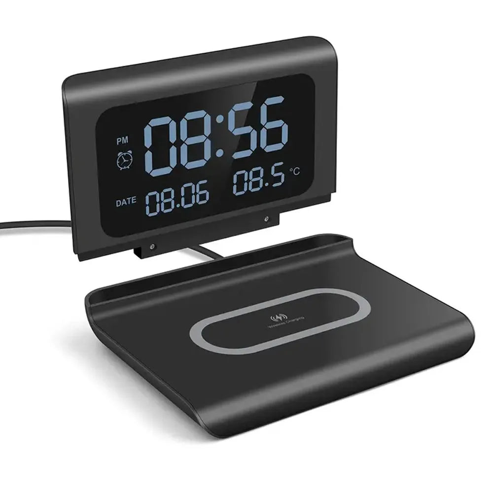 Trådlös Laddare 15W med Väckarklocka & Termometer – Qi USB-C iPhone 17–11 Samsung Xiaomi, 3 Alarm Celsius/Fahrenheit CE RoHS