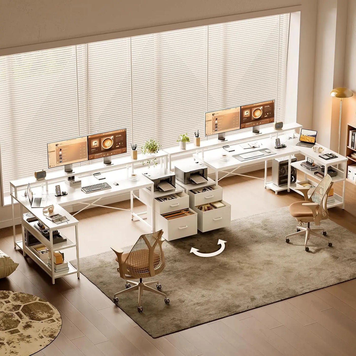 Coleshome desk with Drawers, 189.3 × 100cm Reversible Corner desk Large with 2 sockets & USB Charging Port, White