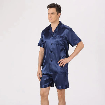 Herr Silk Satin Pyjamas 2-delad – Långärmad Topp & Byxor Tryckt Mönster, Svart/Röd/Marinblå