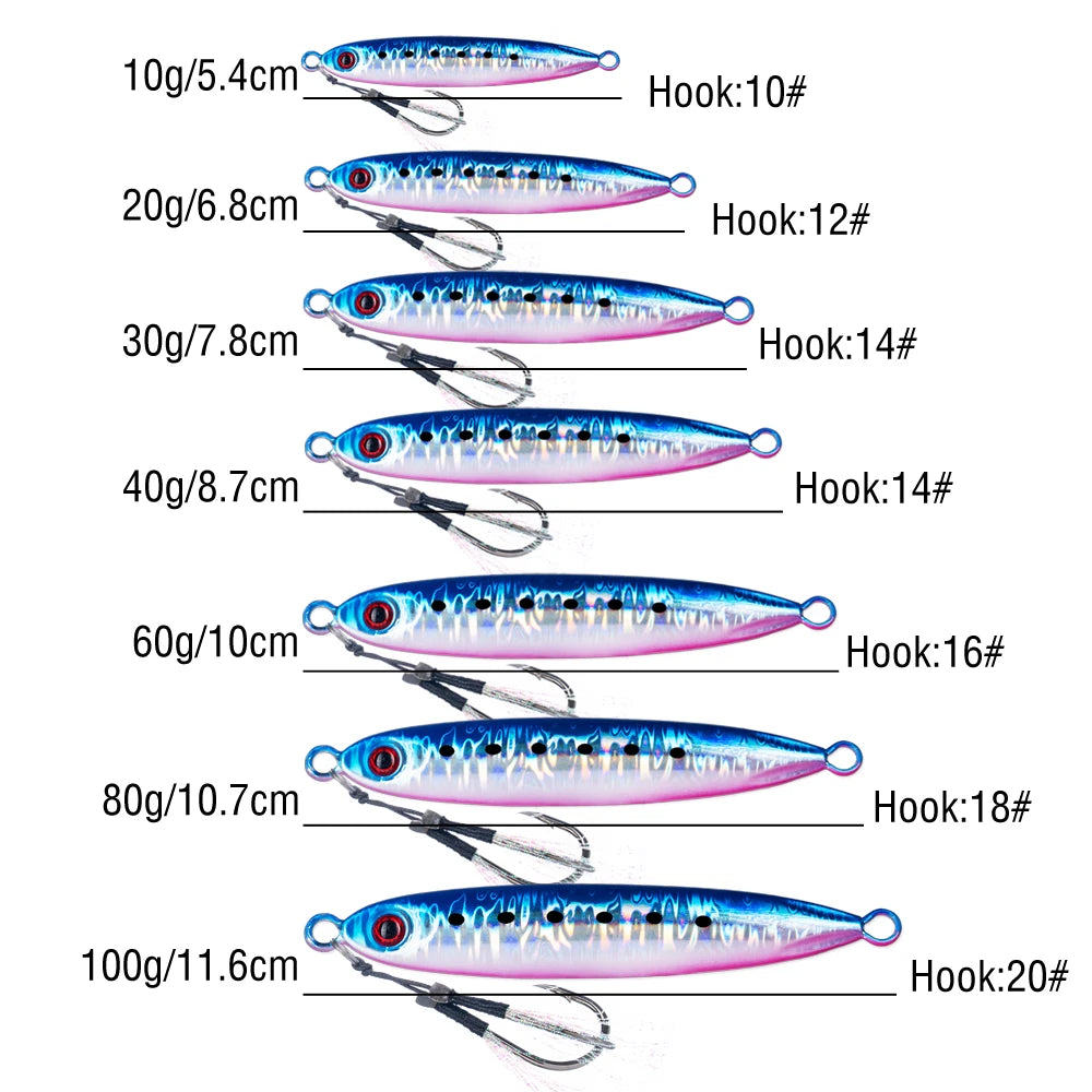 6Pcs Metal Jigging Lure 10-100g Slow Sinking Casting Bait 3D Eyes Luminous with Assist Hooks for Sea Fishing
