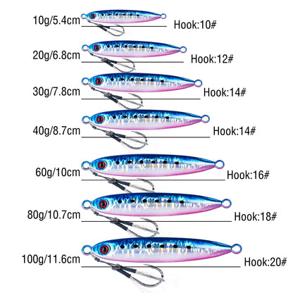 6Pcs Metal Jigging Lure 10-100g Slow Sinking Casting Bait 3D Eyes Luminous with Assist Hooks for Sea Fishing