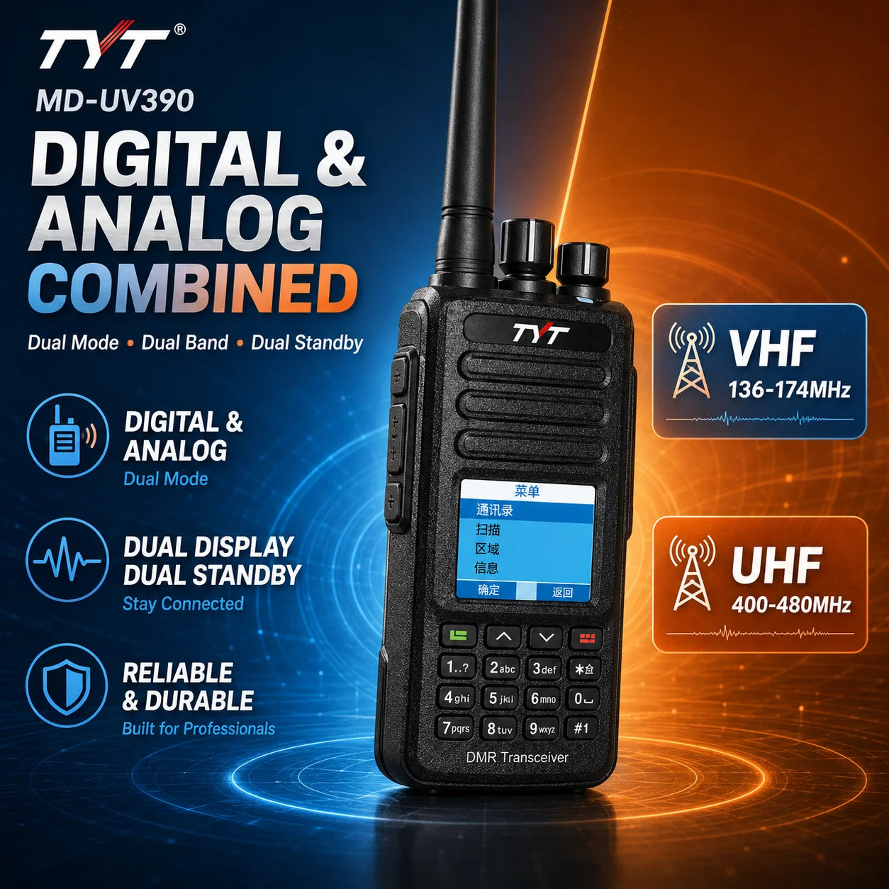 TYT MD-UV390 Dual Band DMR Two Way Radio VHF UHF Digital Analog Handheld Walkie Talkie GPS IP67 3000 Channels