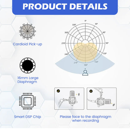 Professional Studio Recording Kit Podcast Music Mixer Equipment Condenser Microphone Set for PC Smartphone Laptop Computer Vlog