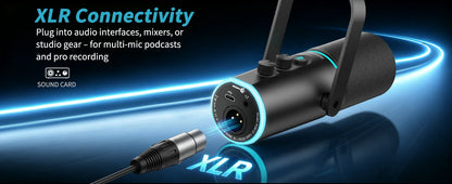 PUPGSIS Podcast Microphone Kit, USB/XLR Dynamic Vocal Mic, Streaming Mic with RGB Lights for PC/XLR Mixer, with Mute Button, Headphone Jack, Gain Knob, for Gaming Voice-Over Recording