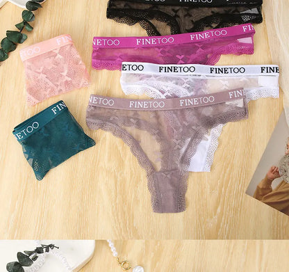 FINETOO Sexy Lace Thong Panties for Women Floral Low Waist Hollow Out Transparent G-String Solid Color Comfort Female Lingerie