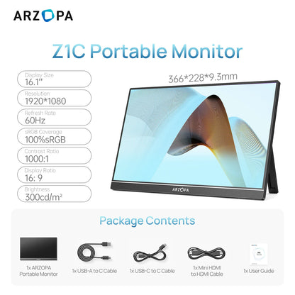ARZOPA 16.1 inch 1920×1080 Portable Monitor HDR10 60HZ 100% SRGB External Second Screen for Laptop, PC, PS5, Mac, Xbox-Z1C Grey