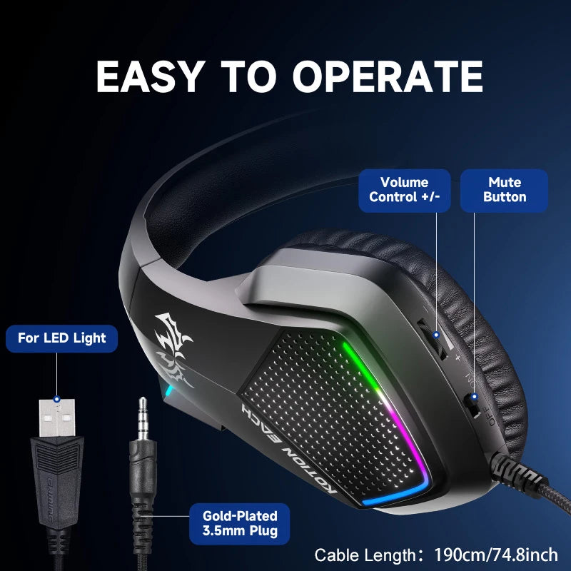 VIKEFON Esports Gaming Headset Over-Ear – Kabelanslutet Lättviktigt Kraftfull Drivare Mikrofon Volymkontroll Röd Blå Svart