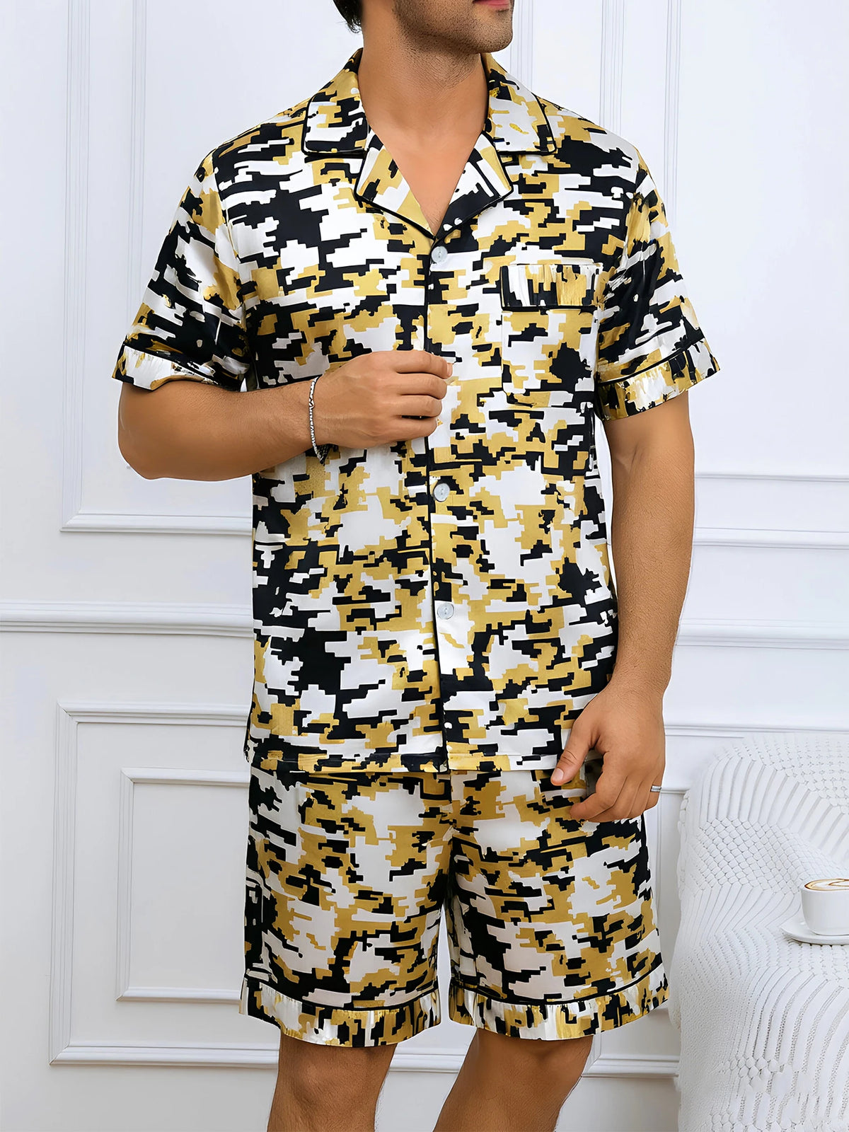 HZOIOYS randigt pyjamasset herr med satinkänsla – kortärmat, S–1XL