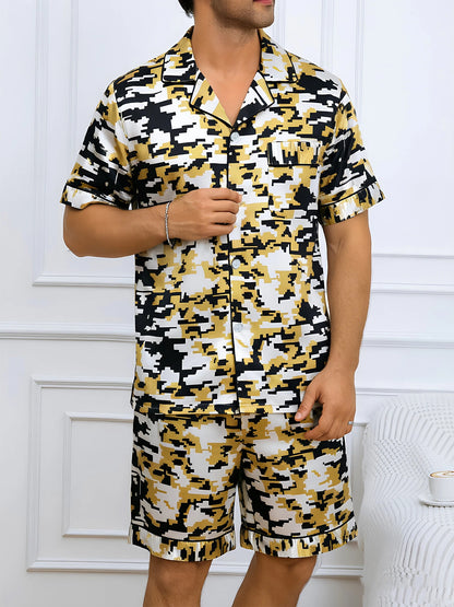 HZOIOYS randigt pyjamasset herr med satinkänsla – kortärmat, S–1XL