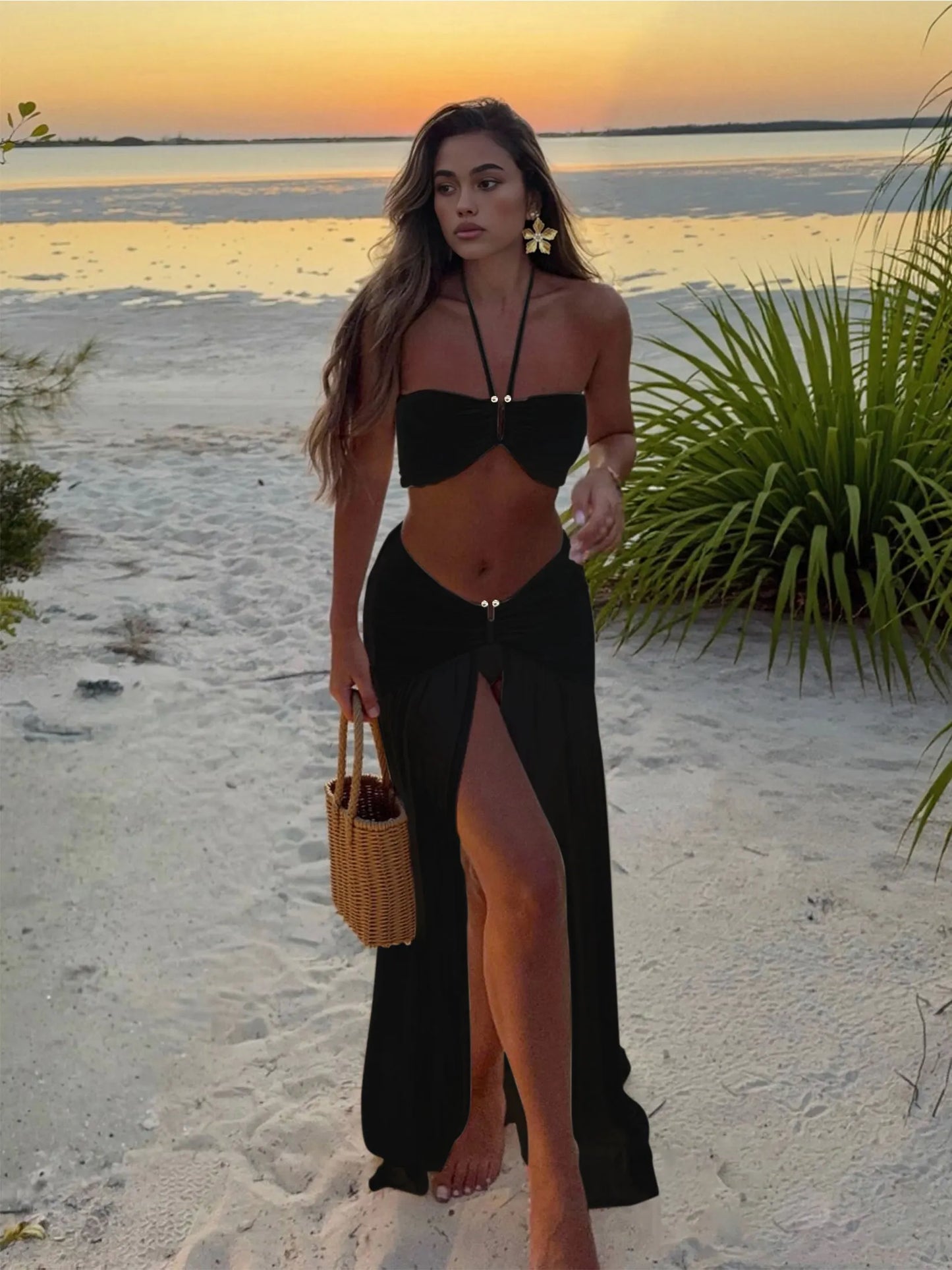 3-delad Bikiniset med Genomskinlig Maxikjol – Halterneck, Strand och Pool, S–L