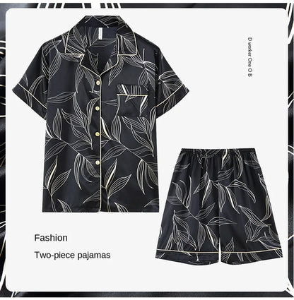 Fashion Summer Autumn 3 Piece Silk Men Pajamas Set Short Sleeve Shorts Oversize Homewear Lapel Collar Loungewear Pijamas for Man