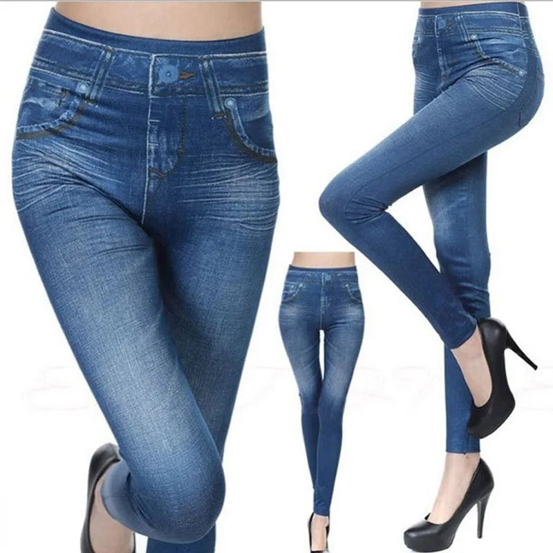 Dam Denim-print Leggings – Slim Faux Jeans Stretch Hög Midja Ankellång Casual Kontor, 3 Färger S–3XL