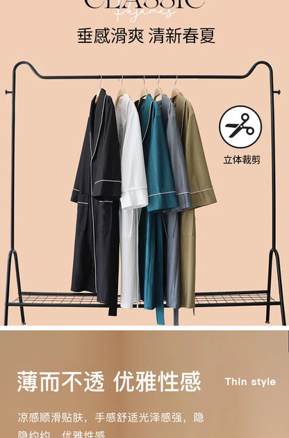 New Stripe Couple Bathrobe Cool Thin Spring Autumn Mid-Length Water Absorbent Loungewear Robe Men Women Luxury Home Nightgown