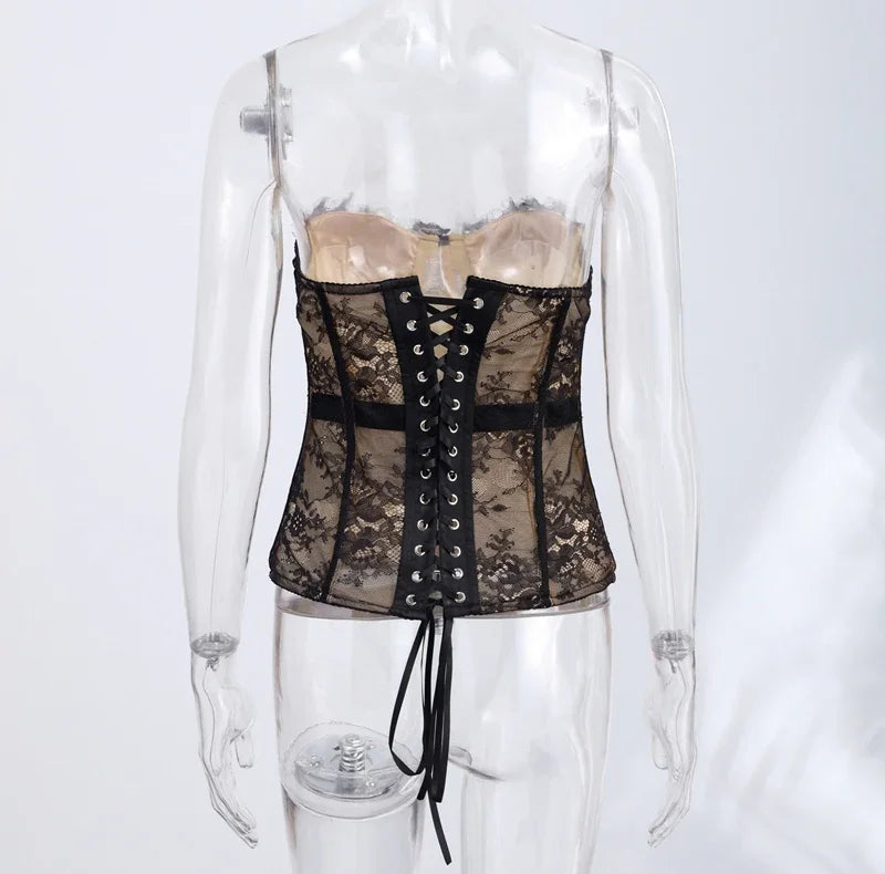 Sexy Women's Lace Fishbone Bandage Vest Black Slim Strapless Backless Female Corset 2026 Spring Summer Lady Beach Party Top New