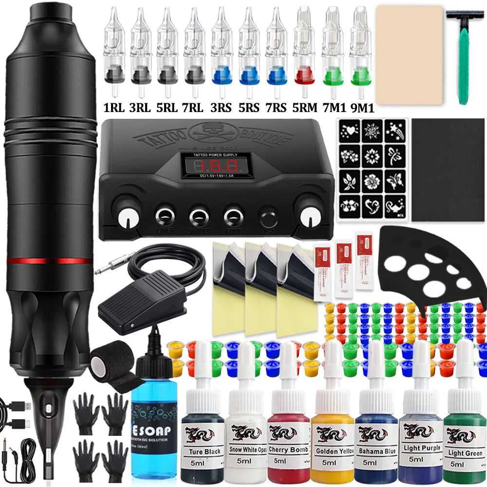 Complete Cartridge Tattoo Pen Machine Kit DC Rotary Machine Pen with Cartridge Needles Power Supply Inks for Tattoo Beginner Set
