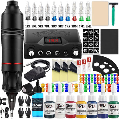 Complete Cartridge Tattoo Pen Machine Kit DC Rotary Machine Pen with Cartridge Needles Power Supply Inks for Tattoo Beginner Set