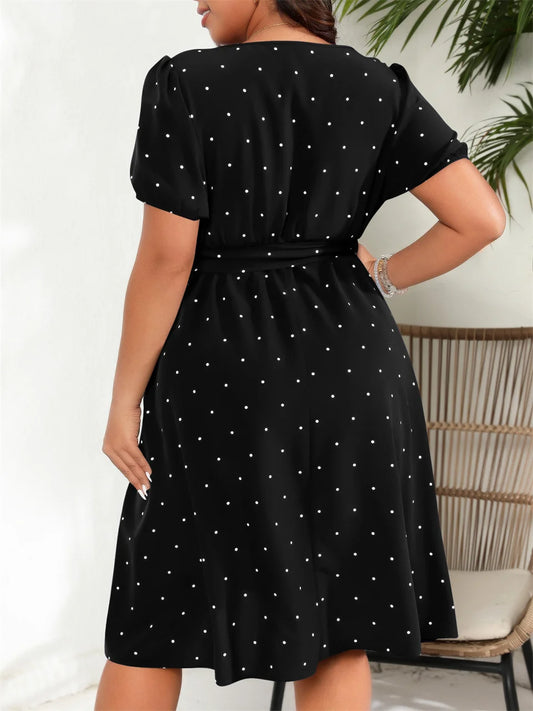 Prickig A-linjeKlänning Stor Storlek – Fyrkantig Urringning Puffärmar Hög Midja Skärp Retro Sommar Dam, 0XL–4XL